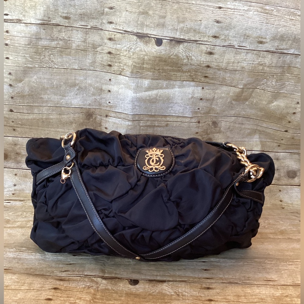 Juicy Couture Black Ruched Nylon Shoulder Bag Gold Crest Logo